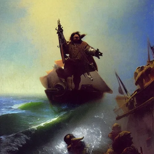 Image similar to art by ivan aivazovsky and syd mead and moebius and gaston bussiere and roger dean and pieter claesz and paul delaroche and alma tadema and aelbert cuyp and willem claesz, live action, a fantasy cinematic close up shot of a dwarf berserker firghting, warhammer, dnd, last stand