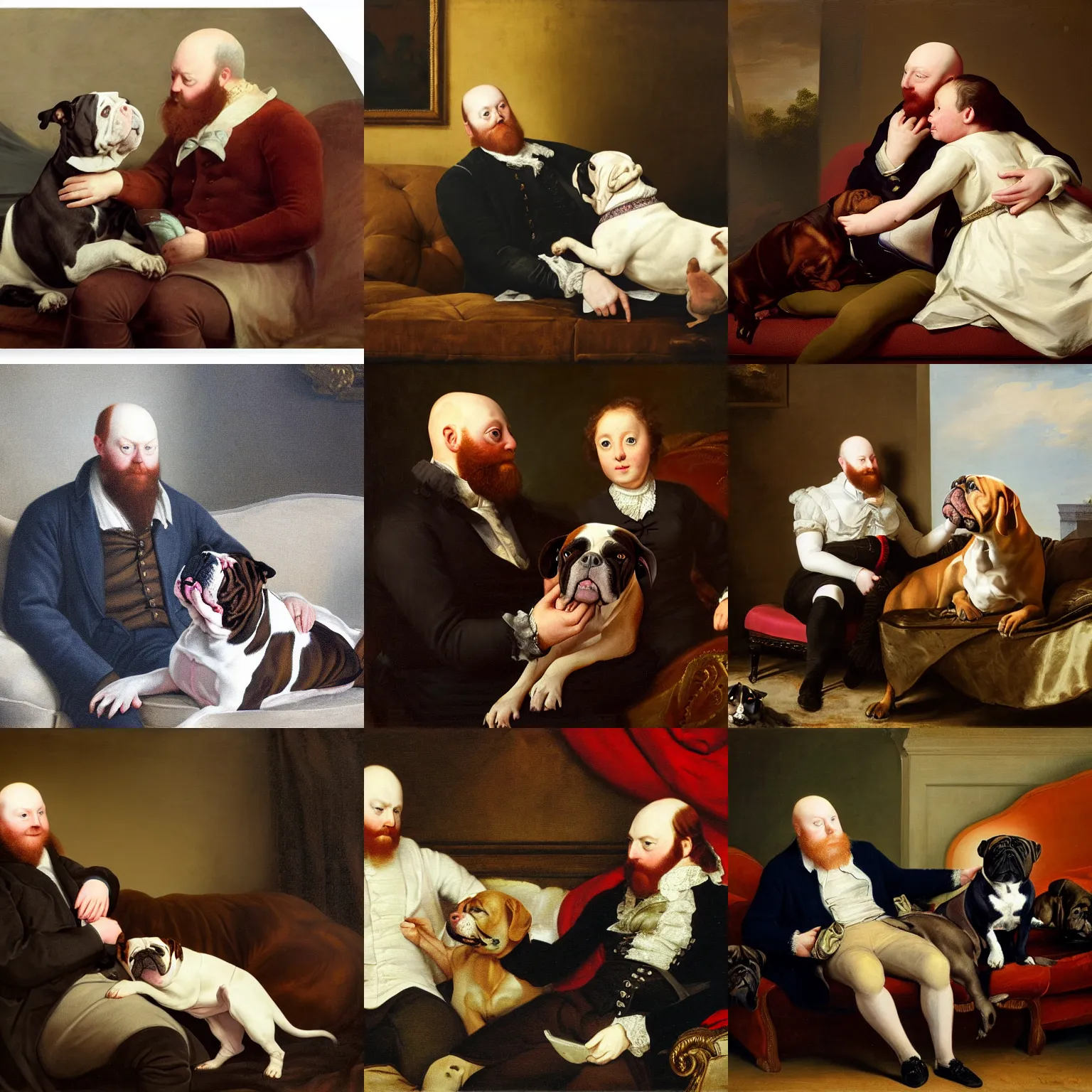 Prompt: playful portrait of angriestpat sitting on a couch, petting a dark brown english bulldog by joseph ducreux