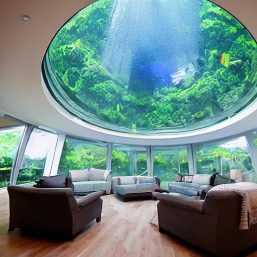 Prompt: underwater glass dome house, comfy living room