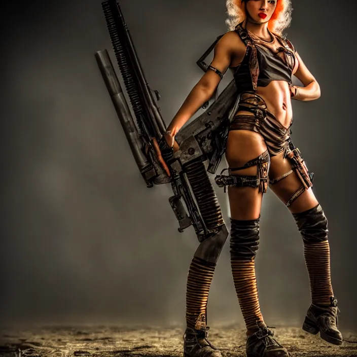 Image similar to full length photo of a very beautiful female atompunk warrior with weapons, 8 k, hdr, smooth, sharp focus, high resolution, award - winning photo