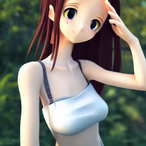 Image similar to Render of a very beautiful 3d anime girl, long hair, hazel eyes, cute freckles, full round face, short smile, cute sundress, silver tone, serene beach setting, medium shot, mid-shot, highly detailed, trending on Artstation, Unreal Engine 4k