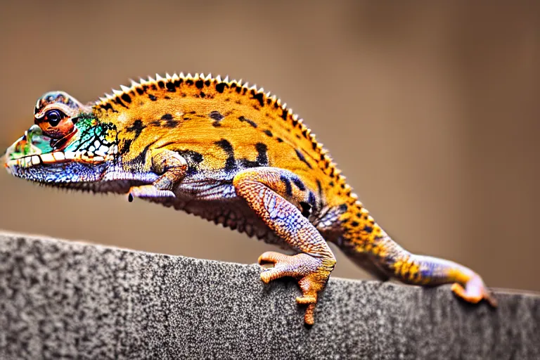 Image similar to a chameleon with leopard fur sitting on a brick wall, highly detailed, 8K, supersharp photo, depth of focus, full body, unusual photo angle