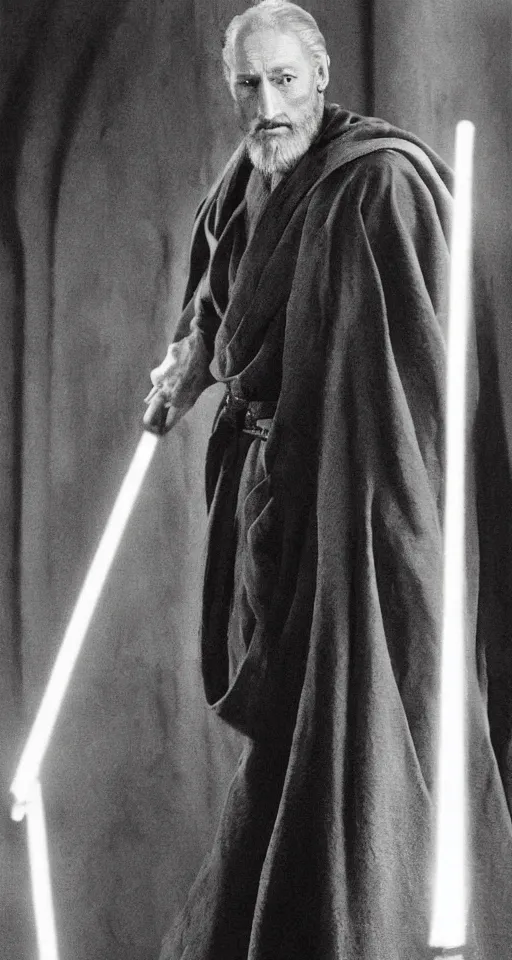 Prompt: Charles Dance as Obi-Wan Kenobi using the force in the film Star Wars, very detailed, tall shot, looking forward, detailed hands