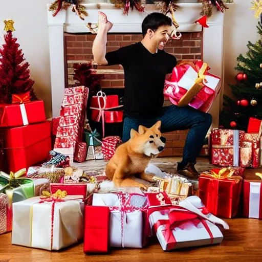 Image similar to an excited shiba inu dog unwrapping a pile of presents and gifts on the ground during christmas, warm themed