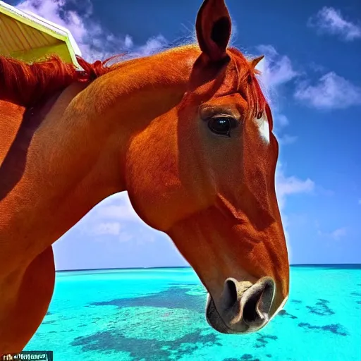 Image similar to a horse got on top of the roof of a plane, and flies it to the maldives, the islands, style of photorealism,