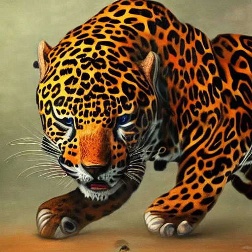 Image similar to an intricated and detailed painting of a shaman turning into a jaguar 4 k render