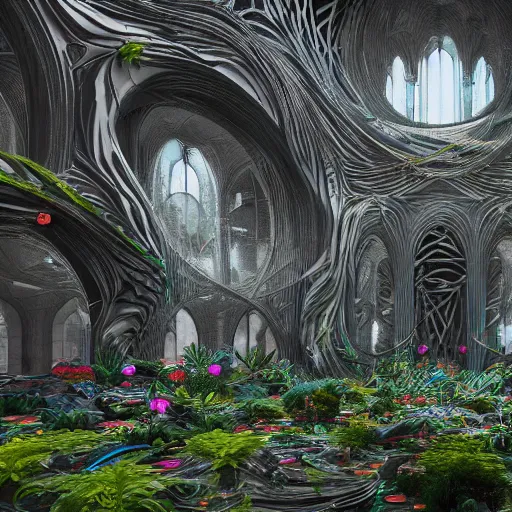 Image similar to technological cathedral dedicated to stable diffusion made of dark grey marble covered with mirror and colourful vegetation with veining and highly detailed ornaments extruding the complex surface, photorealistic, cinematic lighting, mockumentary, volumetric lights quality environment, next gen rendering, nvidia, redshift, houdini