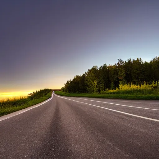 Image similar to wide angle photograph of a road cutting through an empty prairie that leading out into space, twilight, fine details