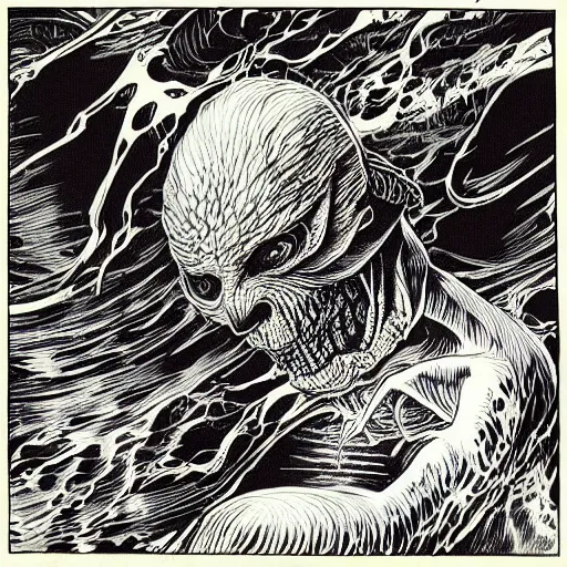 Image similar to “ david cronenberg ” “ bernie wrightson ” aquatic horror shape diablo canyon 1 0 2 4 x 1 0 2 4