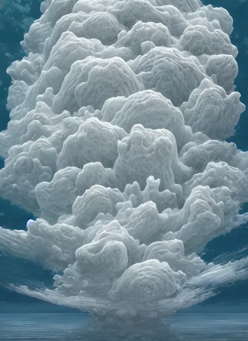 Image similar to high intricate melting tremella - fuciformis formed clouds over an ocean surface, maria panfilova, andrea savchenko, mike kime, ludovic plouffe, qi sheng luo, oliver cook, makoto shinkai, trending on artstation