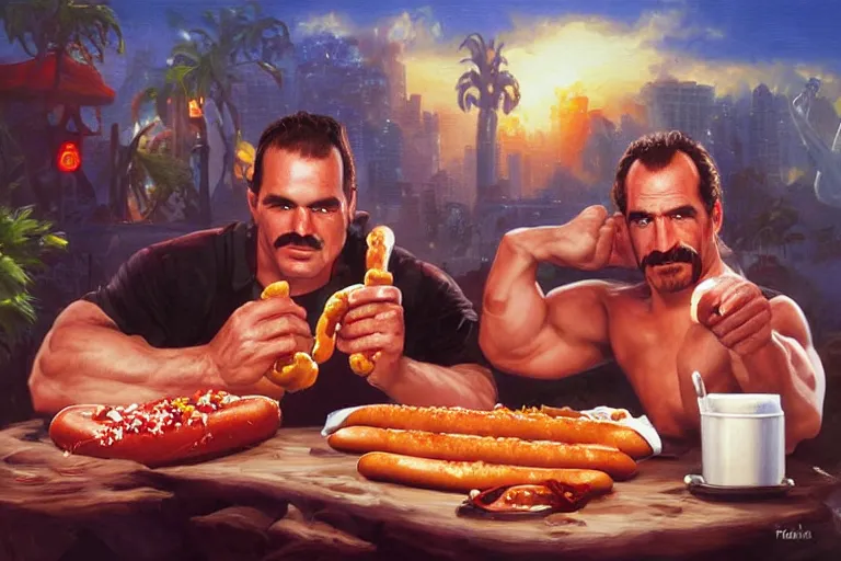 Image similar to portrait of wwf rick rude and wwf jake roberts sharing hotdogs, an oil painting by ross tran and thomas kincade