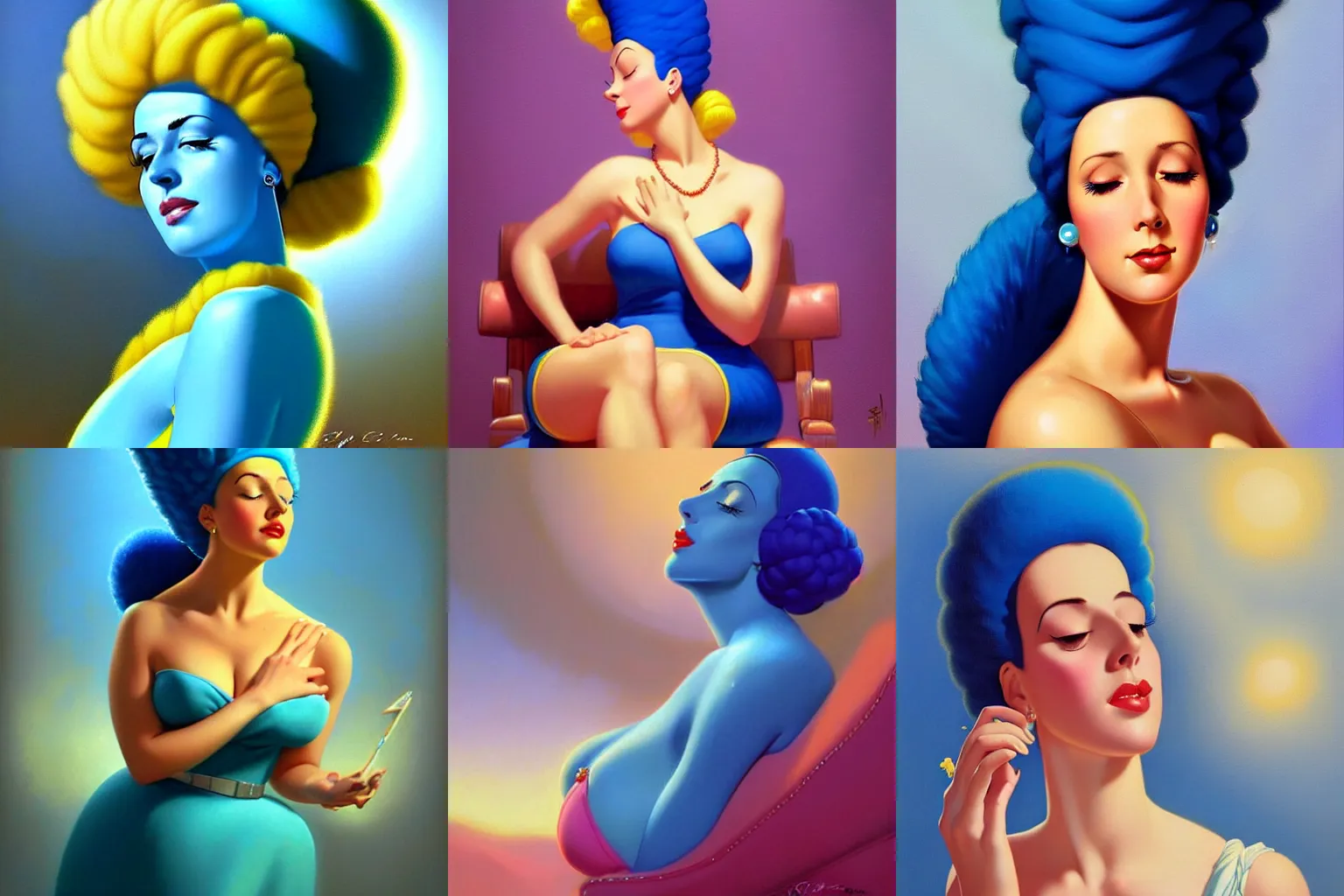 Prompt: portrait of marge simpson, dreamy and ethereal, expressive pose, peaceful expression, elegant, highly detailed, digital painting, artstation, concept art, smooth, sharp focus, by gil elvgren