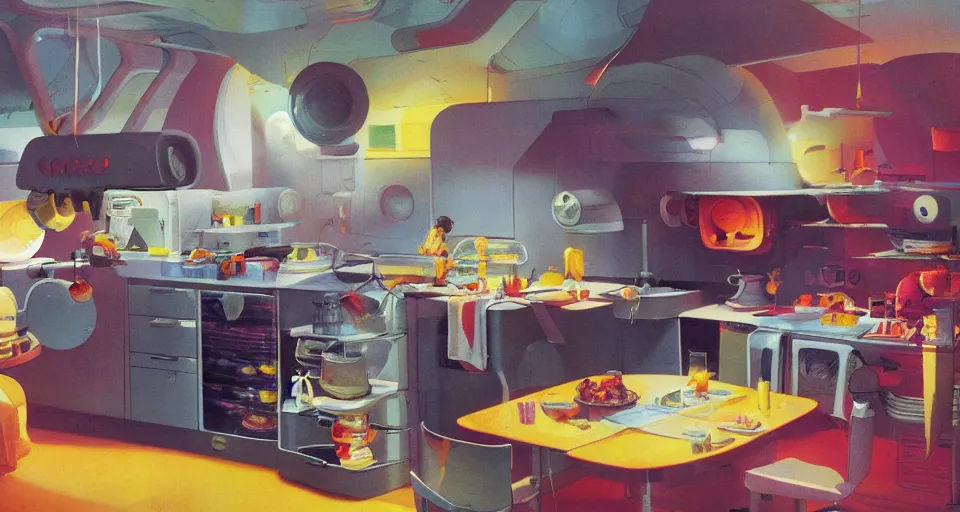 Image similar to IKEA catalogue photo of a kitchen on a spaceship, by Paul Lehr