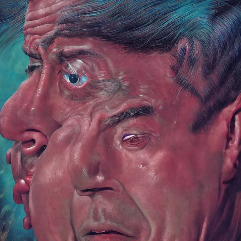 Image similar to Hyperrealistic intensely colored close up studio Photograph portrait of deep sea bioluminescent Senator Tom Cotton, symmetrical face realistic proportions eye contact tentacles, Weeping in a coral reef underwater, award-winning portrait oil painting by Norman Rockwell and Zdzisław Beksiński vivid colors high contrast hyperrealism 8k