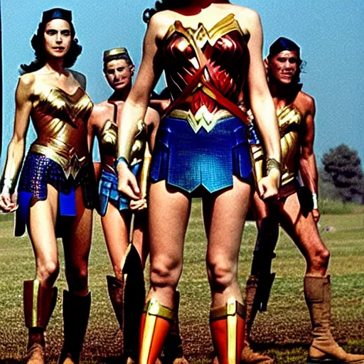 Image similar to Gal Gadot as Wonder Woman, group photo taken during the 1960s on the Vietnam Battlefields with other American Soldiers, extremely detailed