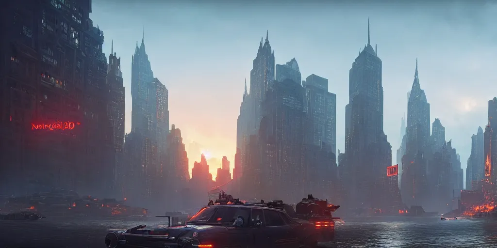 Image similar to establishing shot of a New York, an epic fantasy, dramatic lighting, cinematic, extremely high detail, photorealistic, cinematic lighting, matte painting, artstation, by simon stalenhag, Uncharted 4: A Thief's End