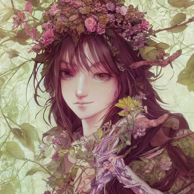 Image similar to the portrait of chaotic good female druid botanist as absurdly beautiful, gorgeous, elegant, young anime girl, an ultrafine hyperdetailed illustration by kim jung gi, irakli nadar, intricate linework, sharp focus, bright colors, octopath traveler, final fantasy, unreal engine 5 highly rendered, global illumination, radiant light, detailed and intricate environment