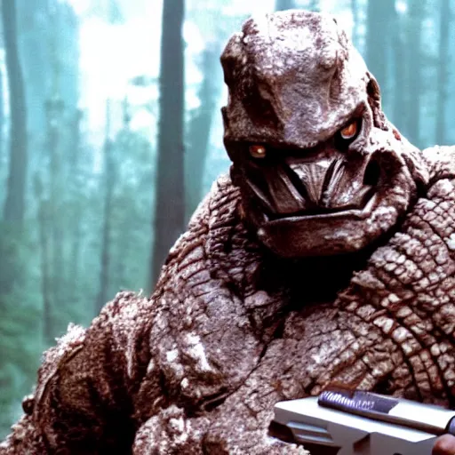 Prompt: cinematic, 4 k, full body portrait, rock golem as a soldier smoking a cigarette, still from the movie predator