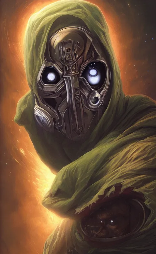 Prompt: dark horror doctor doom cosmic mf doom glowing bright eyes, platinum skin, centered, digital painting, artstation, concept art, smooth, sharp focus, illustration, artgerm, tomasz alen kopera, peter mohrbacher, donato giancola, joseph christian leyendecker, wlop, frank frazetta