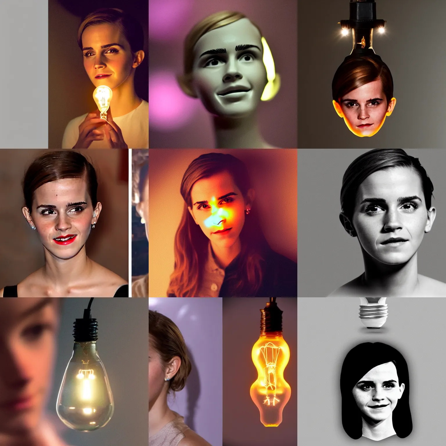 Prompt: a brightly lit lightbulb filament in the shape of emma watson's face