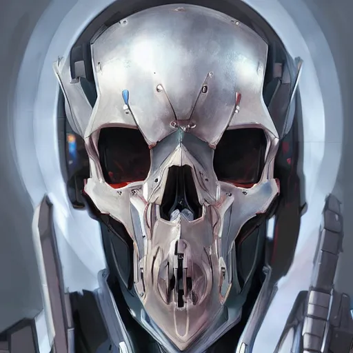 Image similar to full face portrait of a mecha skull ronin, 8k, hyperdetailed, digital painting, futuristic, trending on CG society