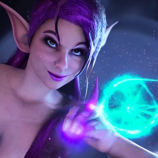 Image similar to a mischievous elf with violet skin reflecting a laser light, a scarred face, chuckling, with a nebula behind them, in the style of gary frank and rafael albuqurque, rendered in unreal engine