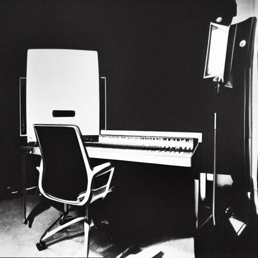 Image similar to 60s movie still of home music studio by Irving Penn, Cinestill 800t 35mm black and white, heavy grainy picture, very detailed, high quality, 4k, HD criterion, dramatic lightning, precise texture, gettyimages