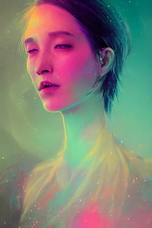 Image similar to A fancy portrait of a women with glowing colours around her by Greg Rutkowski, beeple, Sung Choi, Mitchell Mohrhauser, Maciej Kuciara, Johnson Ting, Maxim Verehin, Peter Konig, final fantasy, macro lens, 35mm, 8k photorealistic, cinematic lighting, HD, high details, dramatic, dark atmosphere, trending on artstation