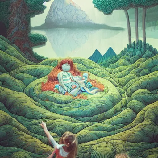 Image similar to inflatable landscape with forest, river and mountains floating child dreams and wishes , concept art, huge scale, high detail, sci fi by James Jean