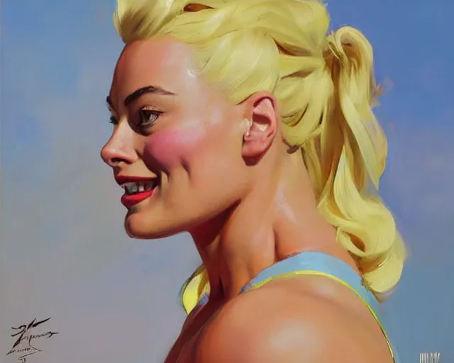 Prompt: greg manchess portrait painting of smiling margot robbie as beautiful thick female bodybuilder zarya from overwatch, medium shot, asymmetrical, profile picture, organic painting, sunny day, matte painting, bold shapes, hard edges, street art, trending on artstation, by huang guangjian and gil elvgren and sachin teng