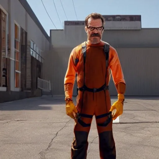 Image similar to Bryan Cranston as Gordon Freeman, dressed as Gordon Freeman from half life 2, still from a movie
