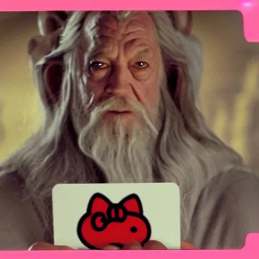 Image similar to portrait of gandalf, Hello Kitty headgear, holding a blank playing card up to the camera, movie still from the lord of the rings