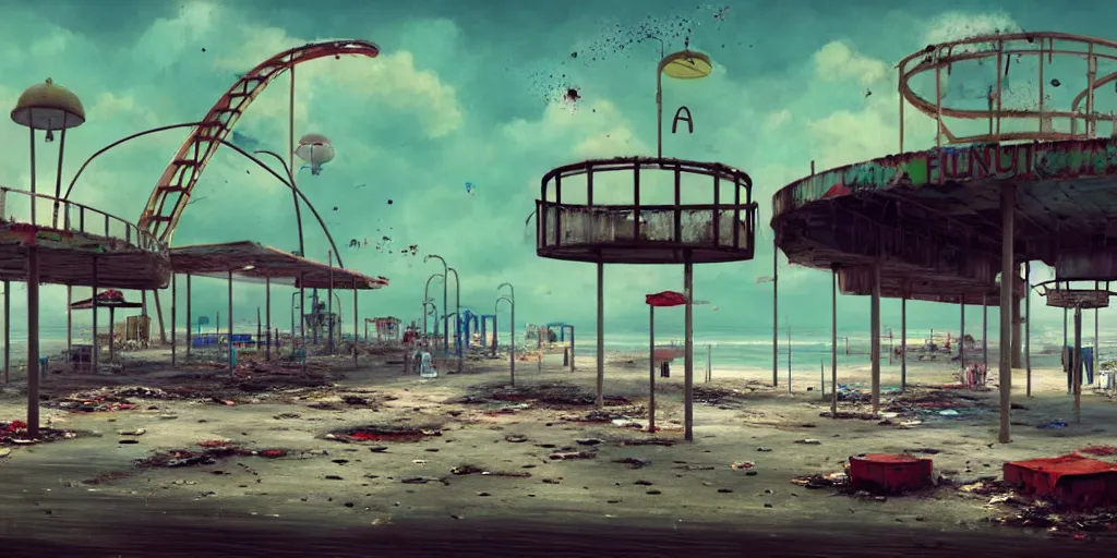 Image similar to concept art of a polluted beachfront with a broken pier and abandoned amusement park attractions, grimy, gritty, trending on artstation, award winning painting, cgi, art by filip hodas and zhang kechun