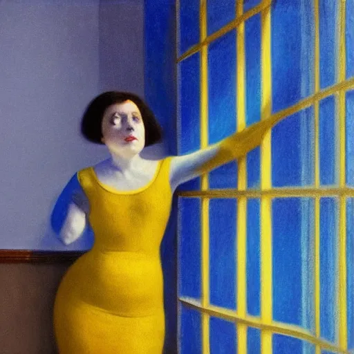 Image similar to close up of a woman in a blue and gold haunted liminal abandoned room, hyperrealistic film still by edward hopper, by gottfried helnwein, by klimt, art noveau, highly detailed, strong lights, liminal, eerie, bright pastel colors,