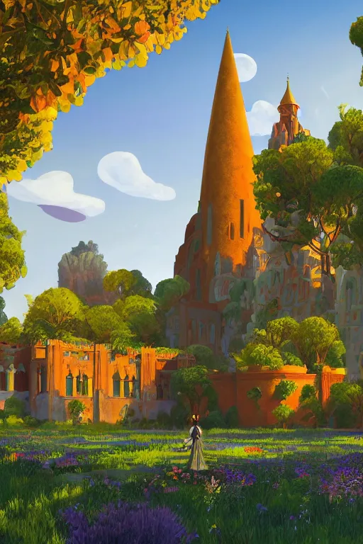 Prompt: distance view of the painted tower of the moon in its gardens fairytale illustration, tall windows, beautiful tilework, dramatic cinematic lighting, rich colors, golden age illustration, by Ludwig Deutsch and Nicholas Roerich and Sylvain Sarrailh and April Gornik ,unreal engine