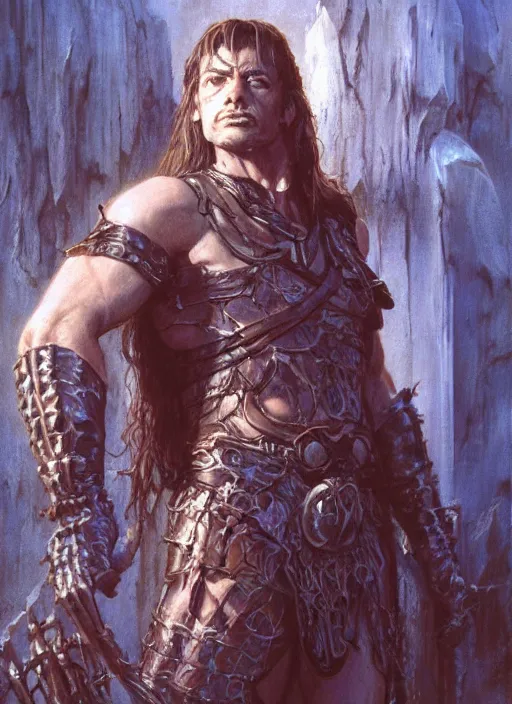 Image similar to a detailed paintbrush portrait of a male fantasy character, art by donato giancola and bayard wu and gustav moreau and wayne barlowe, rpg portrait, conan, krull, 8 0's fantasy movies, dungeons & dragons, d & d, artstation