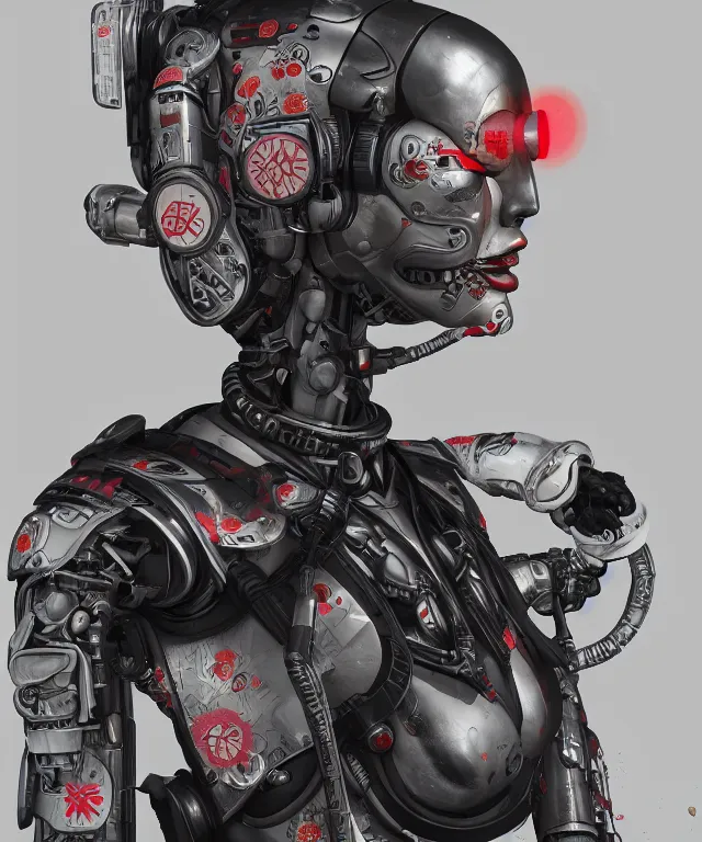 Image similar to an epic fantastic realism comic book style portrait painting of a japanese robotic geisha with kanji tattoos and decals, apex legends, octane render, intricate detail, 4 k hd, unreal engine 5, ex machina, irobot