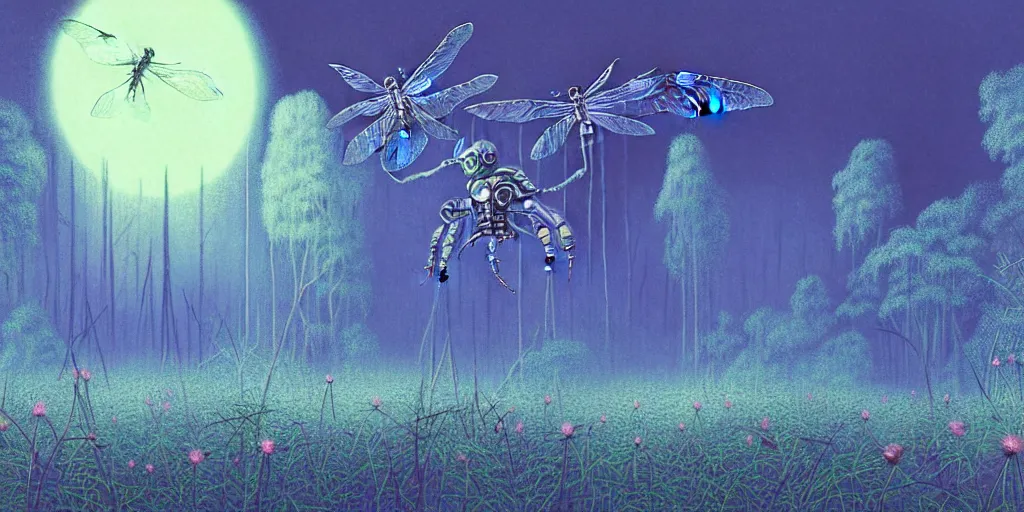 Prompt: grainy risograph matte painting of lot of exotic vegetation, trees, flowers, tall grass, pastel matte colors, huge dragonfly robot in the foggy huge densed forest covered with web and cotton and a lot glowing zima blue flowers, night, fireflies, by chesley bonestell, hyperrealism, intricate detailed