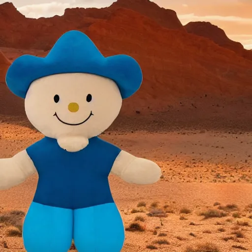 Prompt: blue'snappy gifts'logo human - sized plush doll, looking at the camera, in the desert, holding gift, happy atmosphere, high detail, 8 k