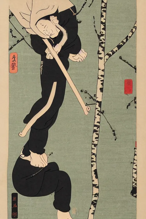 Image similar to Ukiyo-e art of squatting man in black Adidas tracksuit, birch trees