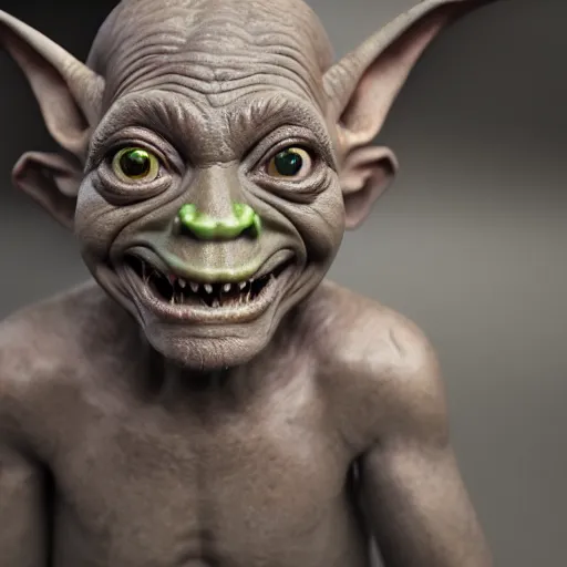 Image similar to a goblin, realistic, award winning render, studio lighting, detailed, 8k, HD, 3d, hyper realistic, octane render, cycles render,