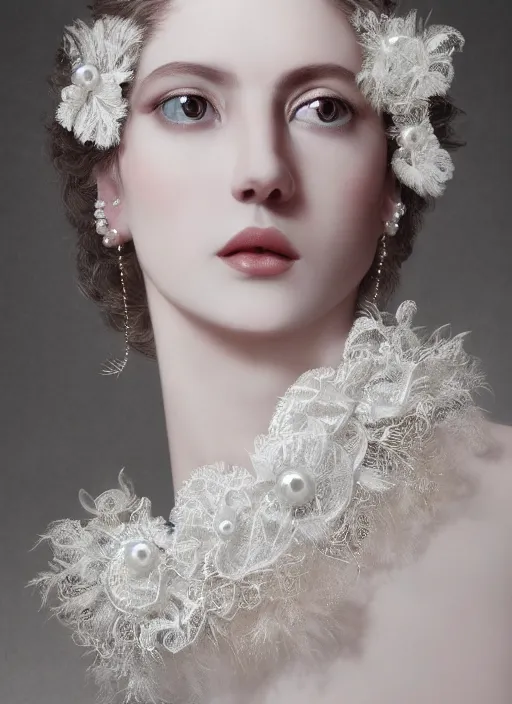 Prompt: high intricate porcelain baroque stunning woman, lace collar, string of pearls, bird feathers, 8 k, glitter skin very white hyperrealistic hyperdetailed pastel, maria panfilova, andrea savchenko, sensual mike kime, ludovic plouffe, qi sheng luo, oliver cook, trending on artstation