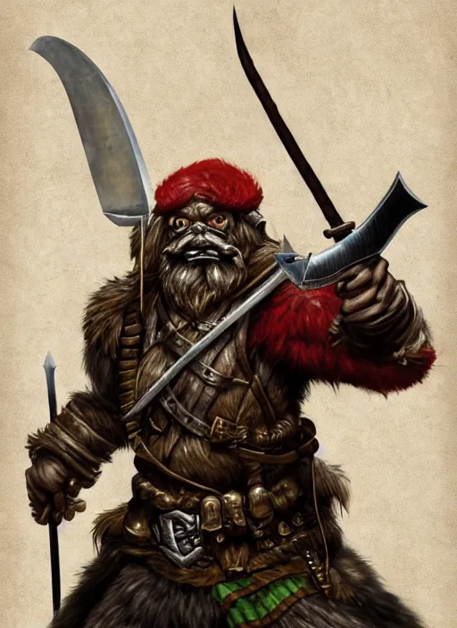 Image similar to strong young man, photorealistic bugbear ranger holding a flaming sword, black beard, dungeons and dragons, pathfinder, roleplaying game art, hunters gear, jeweled ornate leather and steel armour, concept art, character design on white background, by alan lee, norman rockwell, makoto shinkai, kim jung giu, poster art, colours red and green