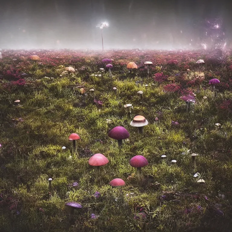 Image similar to a planet of various fungus, mushrooms, flowers and plants, inside the picture is infinity, Atmospheric, artistic photography, conceptual, long exposure outside the city, volumetric light