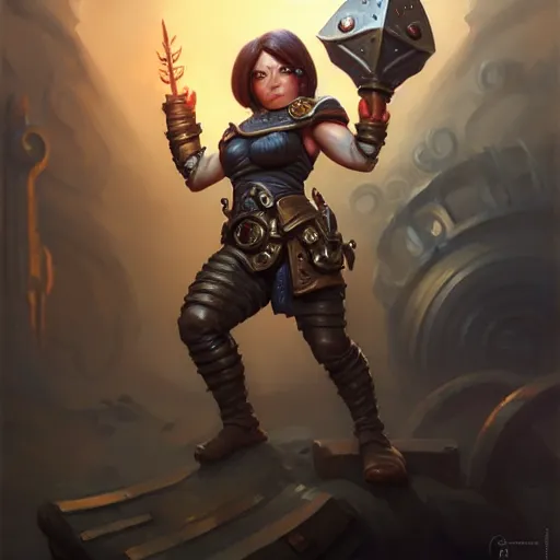 Image similar to muscular female gnome engineer artificer, metal gauntlet, short black hair, naval landscape, full body portrait, d & d, fantasy, intricate, elegant, highly detailed, digital painting, artstation, centred, rule of thirds, concept art, matte, sharp focus, illustration, cover by artgerm, art by greg rutkowski