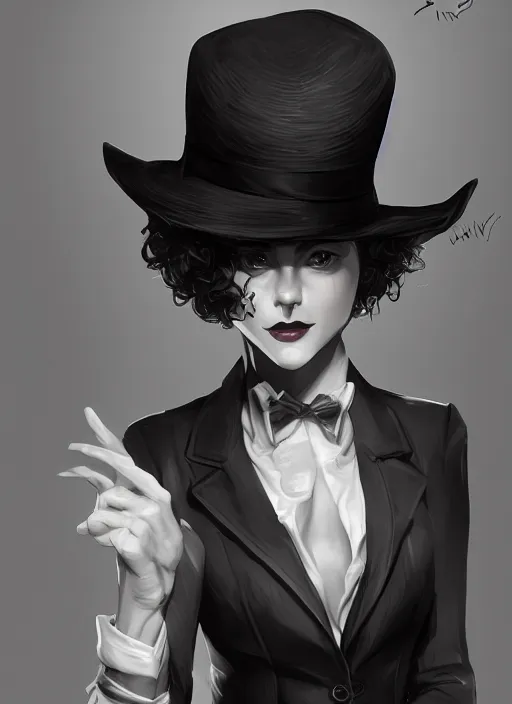 Image similar to a highly detailed illustration of curly short haired girl wearing noir hat and suit and tie, dramatic smiling pose, intricate, elegant, highly detailed, centered, digital painting, artstation, concept art, smooth, sharp focus, league of legends concept art, WLOP