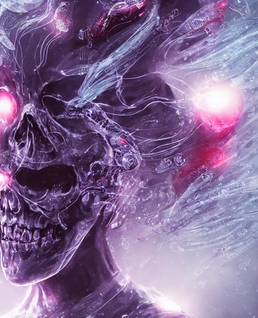 Image similar to close-up macro portrait of the face of a beautiful princess rotten skull in a spaceman suit, epic angle and pose, symmetrical artwork, 3d with depth of field, blurred background, cybernetic jellyfish female face skull phoenix bird, translucent, nautilus, energy flows of water and fire. a highly detailed epic cinematic concept art CG render. made in Maya, Blender and Photoshop, octane render, excellent composition, cinematic dystopian brutalist atmosphere, dynamic dramatic cinematic lighting, aesthetic, very inspirational, arthouse. y Greg Rutkowski, Ilya Kuvshinov, WLOP, Stanley Artgerm Lau, Ruan Jia and Fenghua Zhong