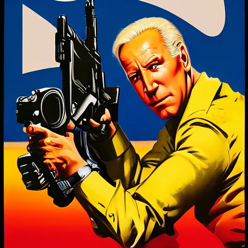 Image similar to propaganda poster of joe biden pointing gun directly at camera in james bond movie, closeup of gun, visible barrel and grip by j. c. leyendecker, bosch, lisa frank, jon mcnaughton, and beksinski