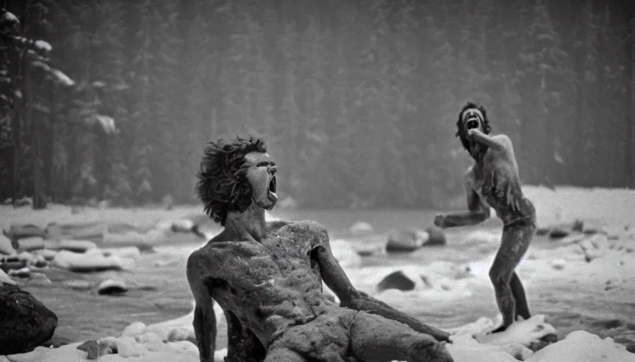 Prompt: 1 9 6 0 s movie still close up of skinny marcus aurelius screaming frozen to death in a river with gravel, pine forests, cinestill 8 0 0 t 3 5 mm b & w, high quality, heavy grain, high detail, texture, dramatic light, anamorphic, hyperrealistic, foggy