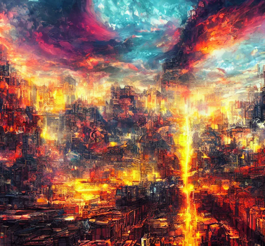 Image similar to nuclear explosion in big city, acrilic paint, abstract, digital, artstation, detailed, intricate ink, illustration, heavenly atmosphere, digital art, over detailed art, conceptart